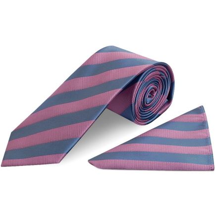 Pink and Light Blue Striped Classic Men's Tie and Pocket Square Set