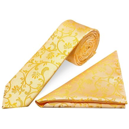 Bright Yellow Floral Skinny Boys Tie and Pocket Square Set