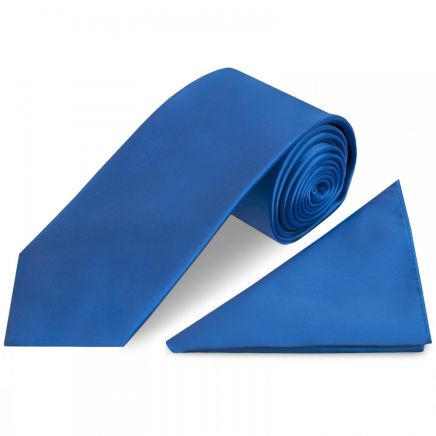 Plain Electric Blue Satin Classic Men's Tie and Pocket Square Set