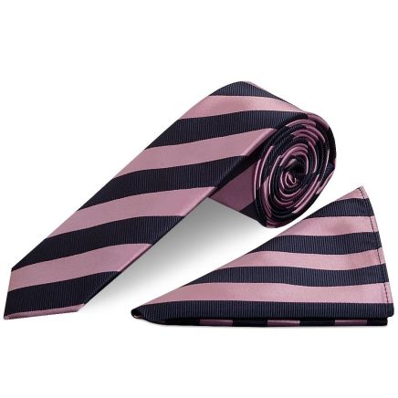 Navy and Lilac Striped Skinny Men's Tie and Pocket Square Set