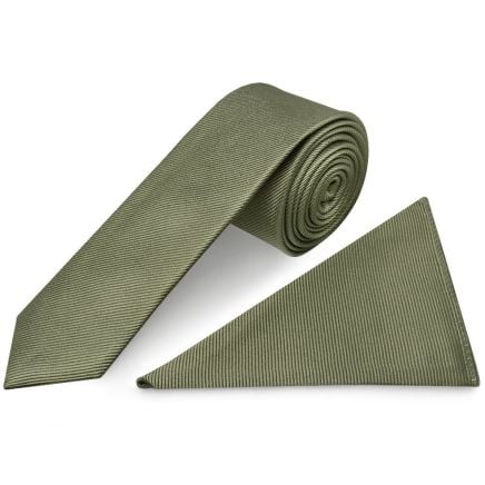 Olive Silk Twill Skinny Men's Tie and Pocket Square Set