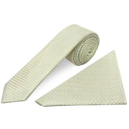 Plain Green Grenadine Silk Skinny Men's Tie and Pocket Square Set