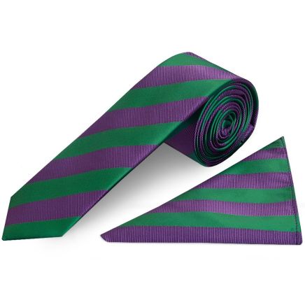 Green and Purple Striped Skinny Men's Tie and Pocket Square Set