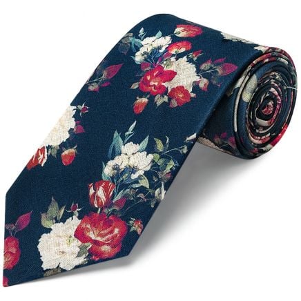 Men's Navy Cotton Classic Tie with White and Red Flower Pattern