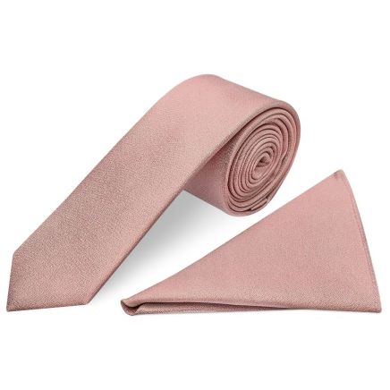 Plain Rose Gold Silk Skinny Boys Tie and Pocket Square Set