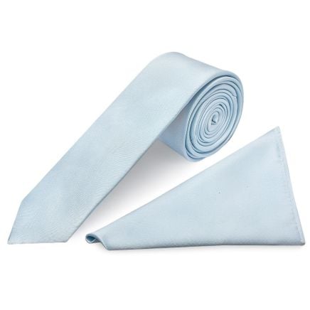 Plain Misty Blue Satin Skinny Mens Tie and Pocket Square Set