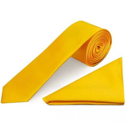 Plain Bright Yellow Satin Skinny Men's Tie and Pocket Square Set
