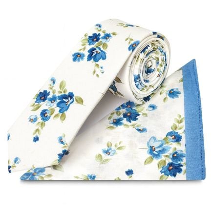 White Cotton with Blue Flower Pattern Skinny Tie and Pocket Square Set