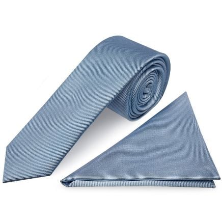 Light Blue Silk Twill Skinny Mens Tie and Pocket Square Set