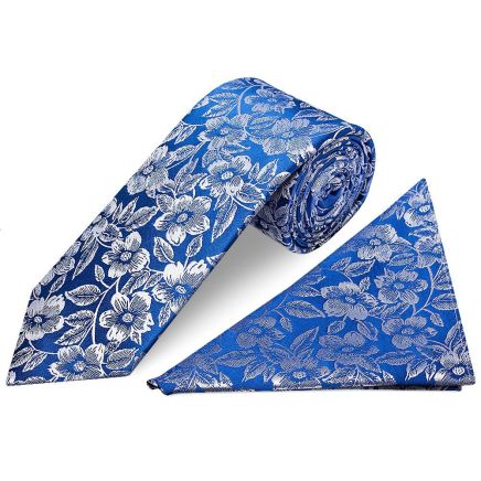 Mens Royal Blue Floral Silk Classic Tie and Pocket Square