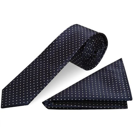 Navy Blue and White Polka Dot Skinny Boy's Tie and Pocket Square Set