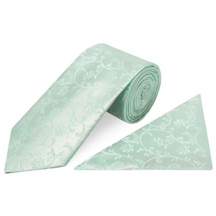 Mint Green Floral Classic Men's Tie and Pocket Square Set