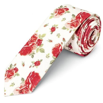 Men's White Cotton Skinny Tie with Pink Rose Pattern