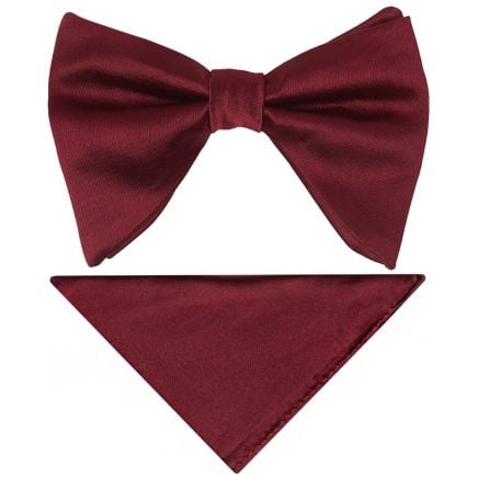Mens Plain Burgundy Satin Oversized Bow Tie and Pocket Square Set