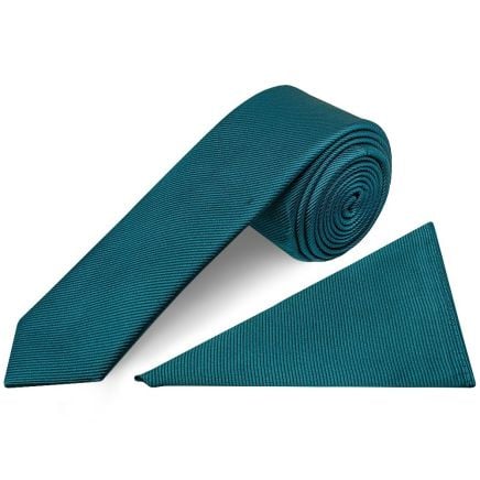 Teal Silk Twill Skinny Mens Tie and Pocket Square Set
