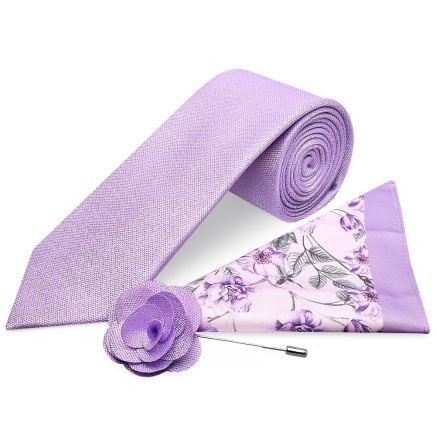 Classic Lilac Mens Tie with Pocket Square and Lapel Pin Set