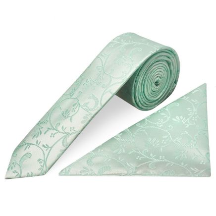 Mint Green Floral Skinny Men's Tie and Pocket Square Set