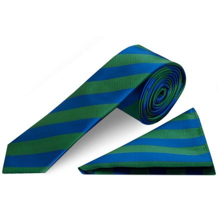 Blue and Green Striped Skinny Men's Tie and Pocket Square Set