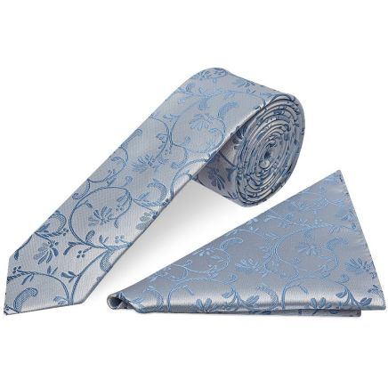 Dusty Blue Floral Skinny Boys Tie and Pocket Square Set