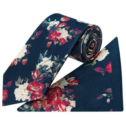Navy Cotton with White and Red Flower Pattern Classic Tie and Pocket Square Set