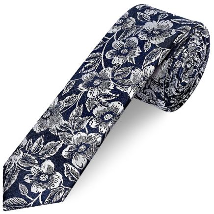 Mens Navy Floral Silk Skinny Tie