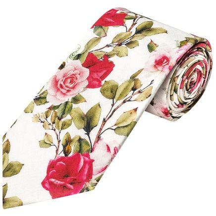 Men's White Cotton Classic Tie with Green Leaves and Rose Pattern