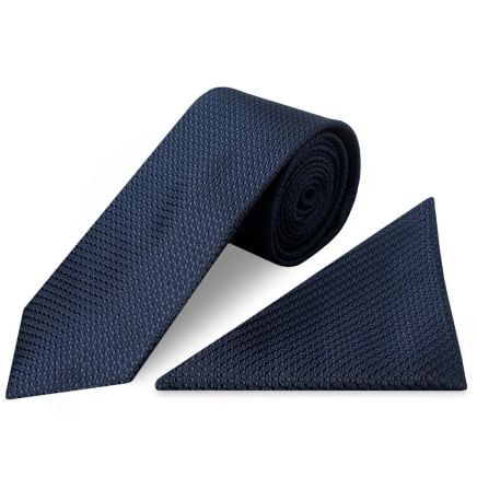 French Navy Textured Classic Tie and Pocket Square Set
