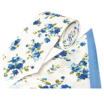 White Cotton with Blue Flower Pattern Classic Tie and Pocket Square Set