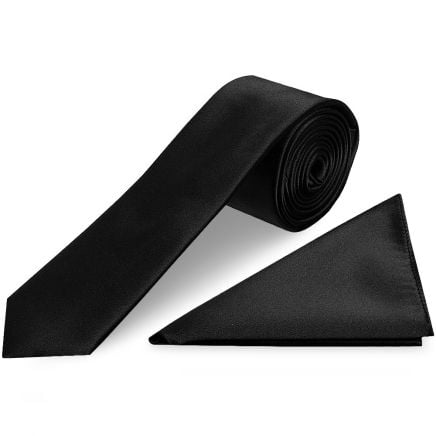 Plain Black Satin Skinny Men's Tie and Pocket Square Set