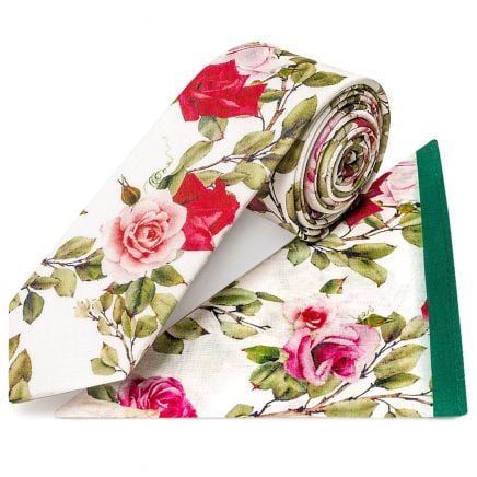 White Cotton with Green Leaves and Rose Pattern Skinny Tie and Pocket Square Set