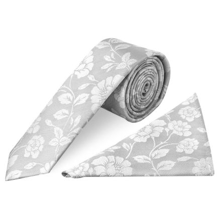 Silver with White Floral Silk Skinny Tie and Pocket Square Set