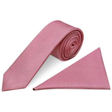 Plain Dusty Pink Silk Skinny Men's Tie and Pocket Square Set