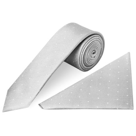 Silver with White Spot Silk Skinny Tie and Pocket Square Set