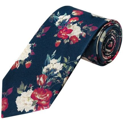 Men's Navy Cotton Classic Tie with White and Red Flower Pattern