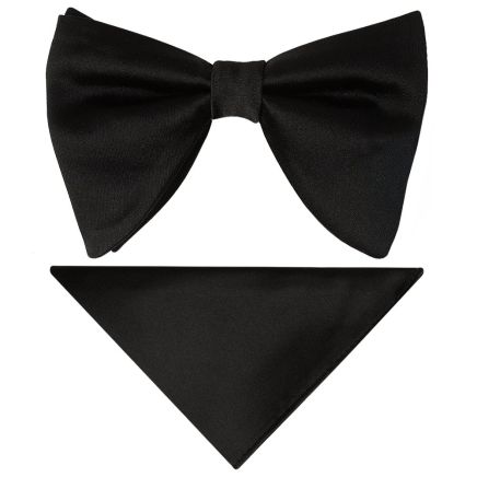 Mens Plain Black Satin Oversized Bow Tie and Pocket Square Set