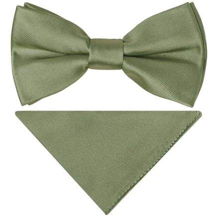 Pre Tied Plain Olive Green Satin Boys Bow Tie and Pocket Square Set Age 4-7
