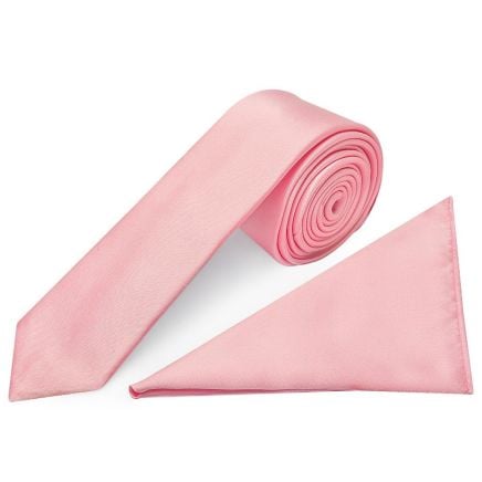 Plain Pink Satin Skinny Men's Tie and Pocket Square Set