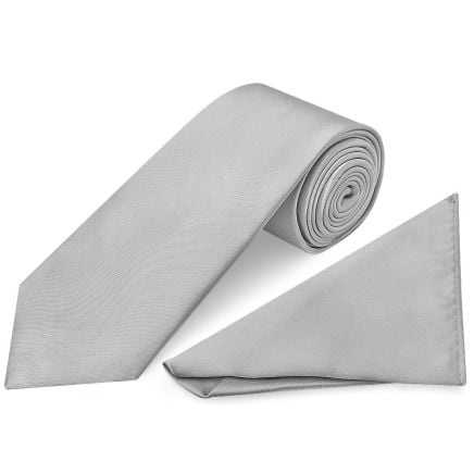 Plain Silver Satin Classic Men's Tie and Pocket Square Set