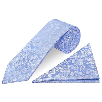 Mens Blue Floral Silk Classic Tie and Pocket Square