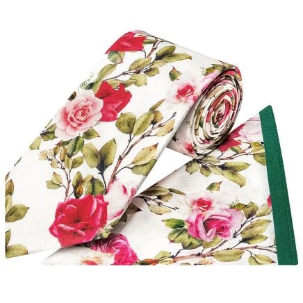 White Cotton with Green Leaves and Rose Pattern Classic Tie and Pocket Square Set