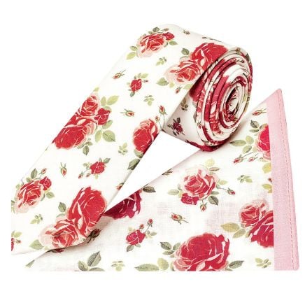 White Cotton with Pink Rose Pattern Skinny Tie and Pocket Square Set