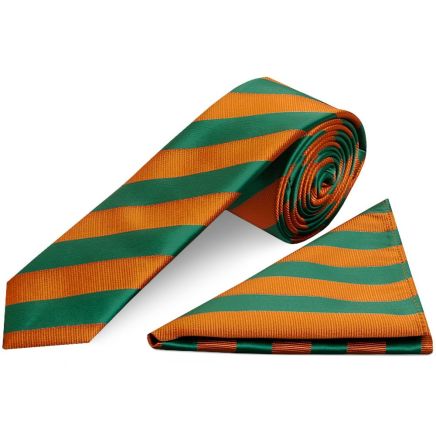 Orange and Green Striped Skinny Men's Tie and Pocket Square Set