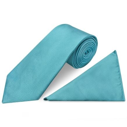 Plain Turquoise Satin Classic Men's Tie and Pocket Square Set