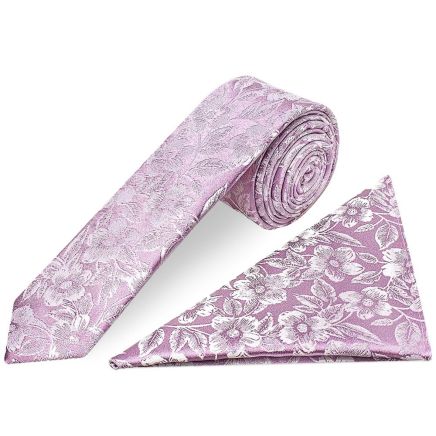 Mens Lilac Floral Silk Skinny Tie and Pocket Square