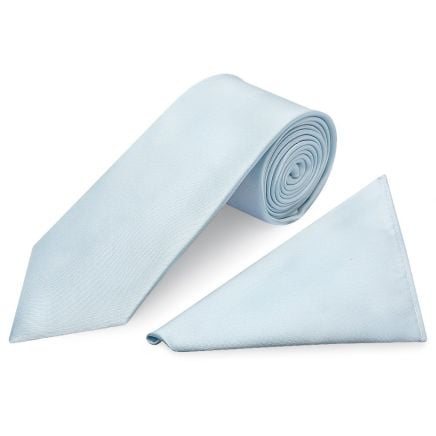 Plain Misty Blue Satin Classic Mens Tie and Pocket Square Set