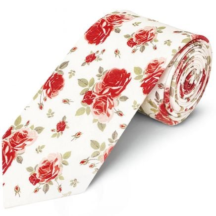 Men's White Cotton Classic Tie with Pink Rose Pattern