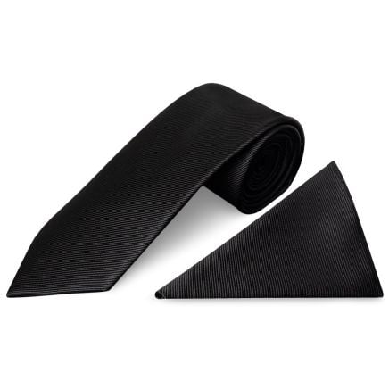 Black Silk Twill Silk Classic Mens Tie and Pocket Square Set