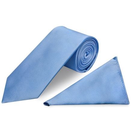 Plain Steel Blue Satin Classic Mens Tie and Pocket Square Set