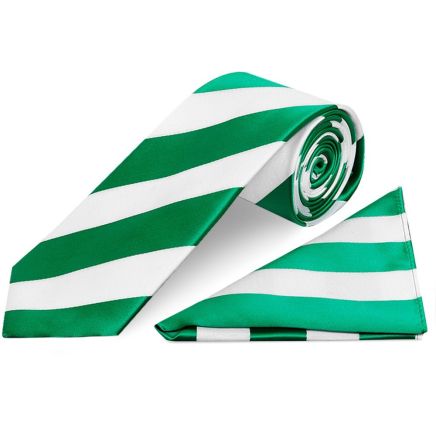 Green and White Striped Classic Men's Football Tie and Pocket Square Set