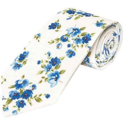 Men's White Cotton Classic Tie with Blue Flower Pattern